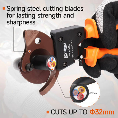 Pro Level Heavy Duty Ratchet Cable Cutter with spring steel blades cuts up to 32mm thick cables, shown in hand for easy operation.