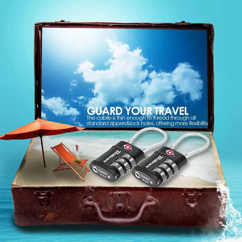 TSA Approved Luggage Locks 2 Pack With 3 Digit Resettable Combos Waterproof Zinc Alloy Padlocks shown on suitcase