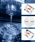 Aluminum spider shaft coupling for 8–17 mm shafts; 50 mm long, 40 mm dia, jaw-type, shown with CNC milling background