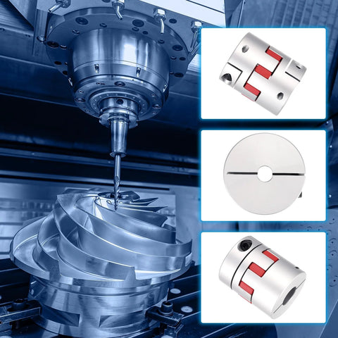 Aluminum spider shaft coupling for 8–17 mm shafts; 50 mm long, 40 mm dia, jaw-type, shown with CNC milling background