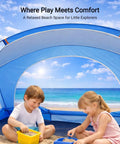 Children playing under portable beach sun shelter for families and groups, grab and go easy setup cabana tent with UPF 50 plus UV protection.