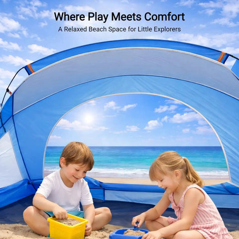 Children playing under portable beach sun shelter for families and groups, grab and go easy setup cabana tent with UPF 50 plus UV protection.