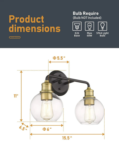 Two Light Bathroom Vanity Light Over Mirror With Clear Glass Shades Matte Black And Antique Brass Finish Farmhouse Wall Lights dimensions