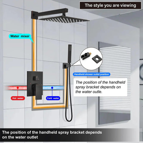Wall Mount Shower System With Square Rain Shower Head And Hand Sprayer Rough In Valve And Trim Kit Included 12 Inch Oil Rubbed Bronze Finish Modern Space Saving Shower Faucet Set For An Easy Install And Bathroom Upgrade, visual installation guide shown