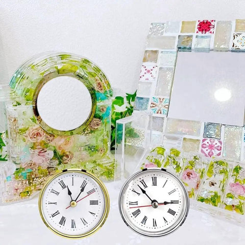 4 Piece Clock Parts Kit for Resin Mold and Epoxy Casting in floral resin frame with gold and silver clocks