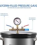 Front view of a 3-gallon vacuum chamber kit with tempered glass lid; glycerin-filled gauge and brass valve assembly.