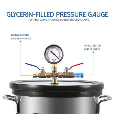 Front view of a 3-gallon vacuum chamber kit with tempered glass lid; glycerin-filled gauge and brass valve assembly.
