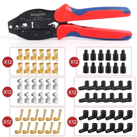 Spark Plug Wire Crimping Tool Kit With 36 Boots And Terminals Crimp And Stripping Tool Set For 180 Degree 90 Degree Straight Ignition Wire Coil Terminals Pro Grade DIY Auto Shop Essential featuring crimping tool and terminals