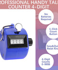 Heavy Duty 2 Pack Metal Clicker Counter With 4 Digit Mechanical Hand Tally Display Battery Free Operation shown in blue, features 1-click button.