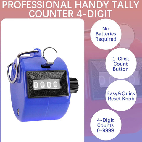Heavy Duty 2 Pack Metal Clicker Counter With 4 Digit Mechanical Hand Tally Display Battery Free Operation shown in blue, features 1-click button.