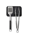 Three Piece Grilling Tool Set With Stainless Steel Turner Scalloped Tongs And Silicone Tool Rest Built In Bottle Opener Non Slip Grip