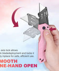 Pink WORKPRO folding utility knife front view with quick-change blades extended, held in hand