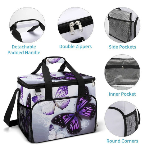 Insulated Picnic Backpack Tote Bag With 30L Capacity White Purple Butterflies Cooler Bag Leakproof Waterproof Beach Lunch Box