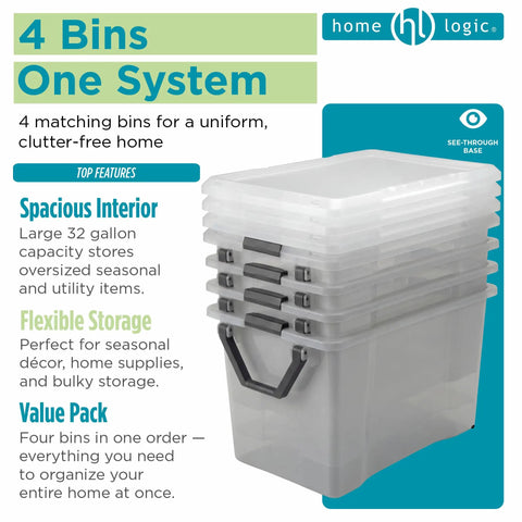 Hella Spacious Thirty Two Gallon Wheeled Storage Totes With Clear Plastic Rolling Bins And Lock Tight Lids For Effortless Moving Loads Smart Garage Makeover And Playroom Stash Setup Four Pack Bundle stacked with clear and gray design.