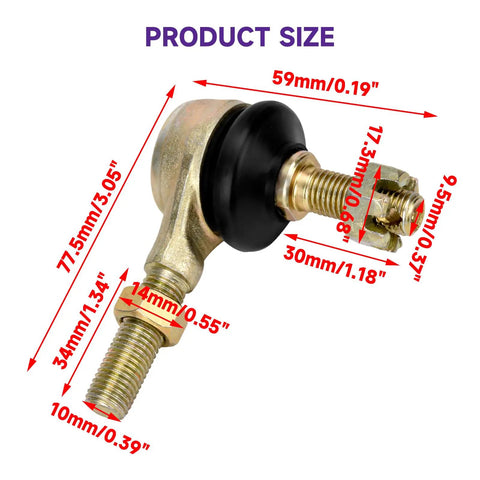 10mm Left And Right Hand Tie Rod Ball Joint For Chinese Kids ATVs Quad Go Karts 50cc 70cc 90cc 110cc 125cc Direct Fit Replacement For Your Ride Fits TaoTao Coolster SunL NST Roketa Kazuma Buyang Loncin Lifan Baja Icebear Go Kart Parts, product size diagram