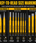 12 Piece Punch and Chisel Set Built Tough With Heat Treated CR-V Steel Tools Including Pin Punches Center Punch and Cold Chisels in a Durable Storage Case for Automotive Repair and Metalworking showing size markings.