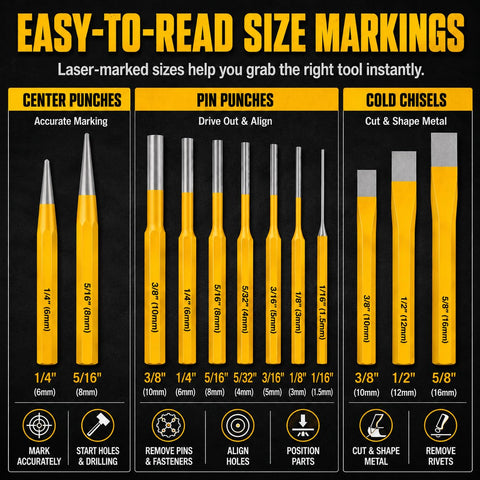12 Piece Punch and Chisel Set Built Tough With Heat Treated CR-V Steel Tools Including Pin Punches Center Punch and Cold Chisels in a Durable Storage Case for Automotive Repair and Metalworking showing size markings.