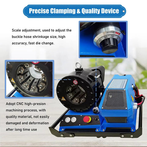 Badass Hydraulic Hose Crimper With Eight Precision Replaceable Dies For High Pressure Pipe Repair And Heavy Machinery Shop Work DC12V Portable Electric Crimping Tool with scale adjustment for buckle hose size.
