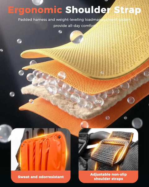Ergonomic shoulder strap design for Backpack Leaf Blower, 63cc Gas Powered Beast With 665 CFM Air Flow And 205 MPH Wind, durable orange material.