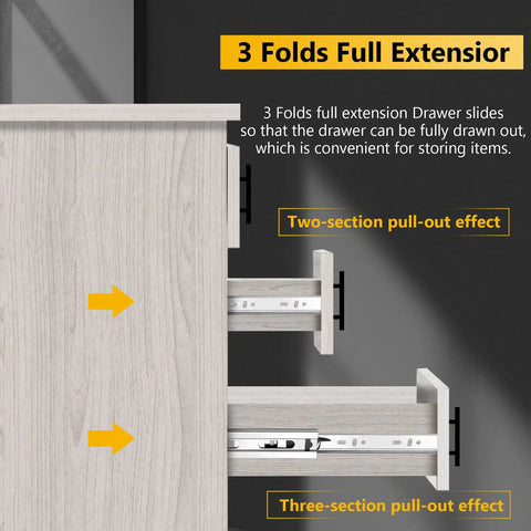 Side view of drawer with 3 folds full extension, showing two and three-section pull-out effects with ball bearing slides, part of the 10 Inch Ball Bearing Drawer Slides Set With 6 Pairs, 12 Pieces, 100Lb Capacity, Full Extension Side Mount Slides For Kitchen Cabinets, Wardrobes, Office Furniture, Heavy Duty, Easy Glide, Silver.