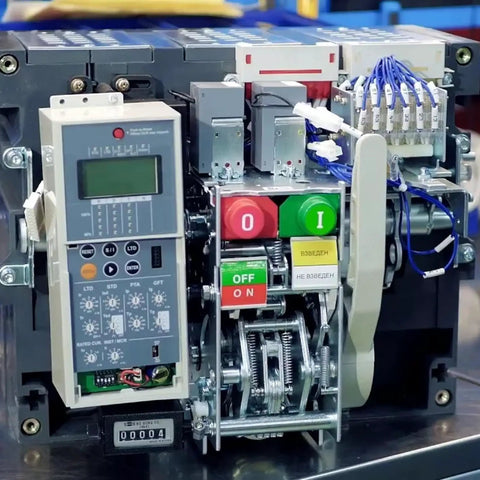 Electrical panel with buttons, levers, and wires for machinery control and automation setups.