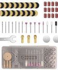 All In One 69 Piece Rotary Tool Accessories Kit With 1.0 1.6 2.3 Mm Shanks for woodworking, drilling, and engraving. Complete kit view.