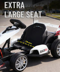 Side view of white Kids 24V Electric Go Kart With Dual Motors 400W Power 9Ah Battery 6.5 MPH showing extra large 14-inch seat