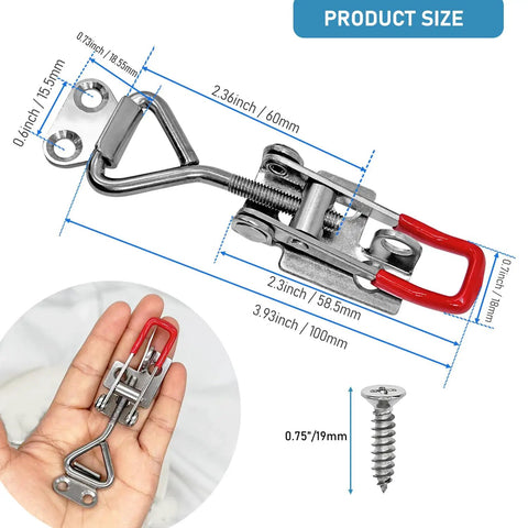 304 Stainless Steel Adjustable Toggle Latch With Lockhole No Fuss Quick Release Pull Latch for smokers, size details shown