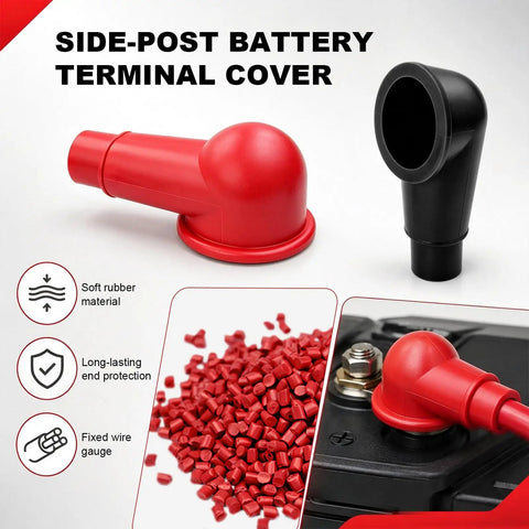 Beefy Side Post Battery Terminal Covers 2 Pack In Red Plus Black Heavy Duty Pvc Shield No Sweat Corrosion Blocking For Autos Hassle Free Lead Post Protectors Shop Ready Gear, showing red and black terminal covers.