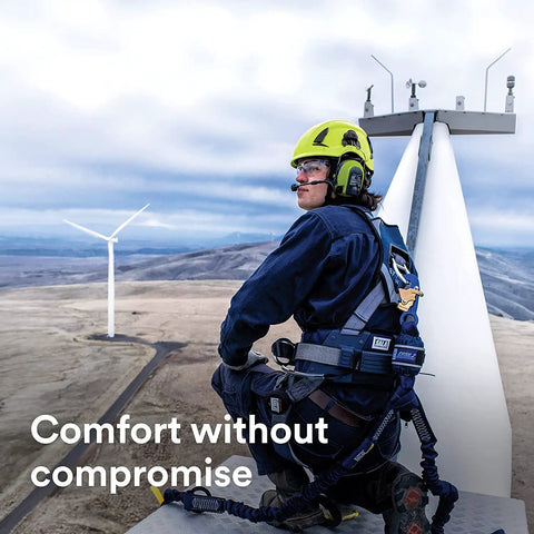 Worker wearing SecureFit Climbing Style Safety Helmet With Six Point Suspension Built For The Job Site Ventilated And Reflective Scotchlite