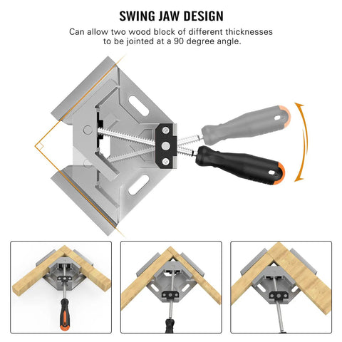 Right Angle Corner Clamp 4 Pack With Single Handle, 90 Degree Aluminum Alloy Pro-Grade Woodworking Clamps in action with swing jaw design