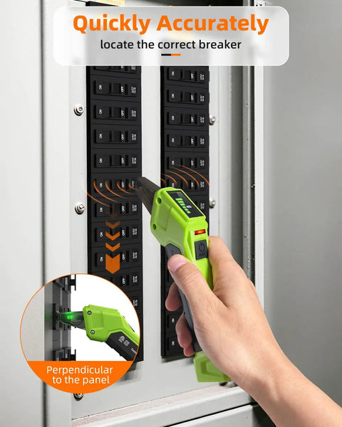 Hand using Go-To All In One Circuit Breaker Finder And Outlet Tester With GFCI Detection in panel, green.