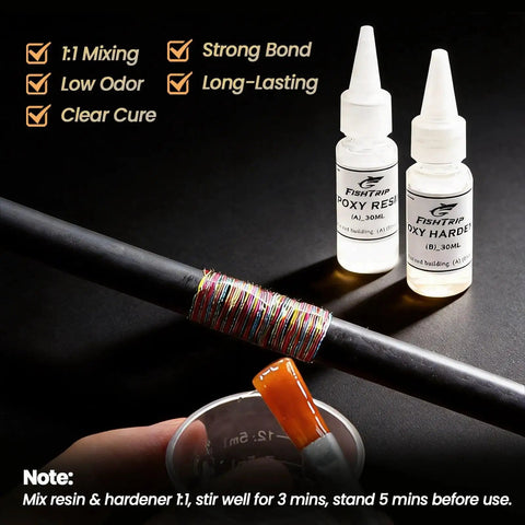 Complete 3-In-1 Fishing Rod Tip Repair Kit Loaded With Pro Gear To Restore Broken Tips And Refit Split Guides Fast So You Can Keep Tight Lines No Sweat Ever; epoxy resin and hardener bottles beside fishing rod.