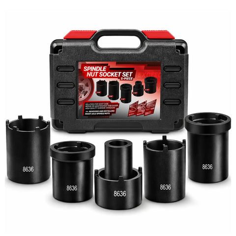 Five Piece Spindle Nut Socket Tool Kit One Half Inch Drive For Ford Dana 50 60 Chevy Dodge SUVs And Light Trucks shown with case
