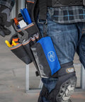 Stand Up Zipper Tool Bags Set With Carabiners, 7 Inch Blue pouch attached to belt, holding pliers and screwdrivers