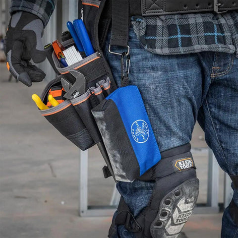 Stand Up Zipper Tool Bags Set With Carabiners, 7 Inch Blue pouch attached to belt, holding pliers and screwdrivers