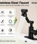 Matte Black Bathroom Sink Faucet In Stainless Steel With 1080 Degree Rotatable Swivel Spout, Single Handle Operation, Fits 1 Or 3 Hole Mount, Dual Water Outlet Modes With Hot And Cold Hoses, Easy Install And A Slick Modern Look.