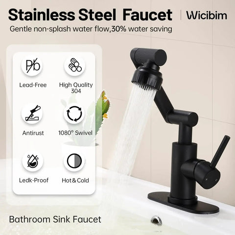 Matte Black Bathroom Sink Faucet In Stainless Steel With 1080 Degree Rotatable Swivel Spout, Single Handle Operation, Fits 1 Or 3 Hole Mount, Dual Water Outlet Modes With Hot And Cold Hoses, Easy Install And A Slick Modern Look.