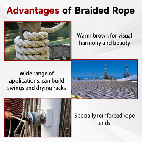 Advantages of Heavy Duty Three Quarters Inch Polyethylene Rope 100 Feet 3 Strand For Indoor And Outdoor Use illustrated in various setups.