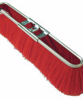 Heavy Duty Red Poly Fiber Push Broom Head With 17 Inch Sweep Width And Soft Bristles on metal handle for easy cleaning.