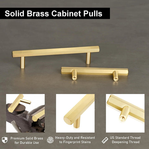 Solid Brass Cabinet Pulls 5 Pack Hexagon Drawer Handles With Five Inch Hole Center And Six Point Six Inch Total Length Brushed Finish