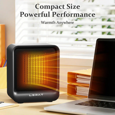 Compact 1200W PTC Ceramic Space Heater For Indoor Use Crazy Fast Heat Desk Warmer on office desk with laptop