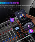 Using Six Channel DJ Mixer With Bluetooth Streaming And USB Interface to stream music from phone with XLR Mic/Line Inputs.