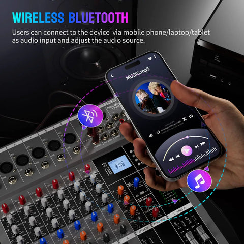 Using Six Channel DJ Mixer With Bluetooth Streaming And USB Interface to stream music from phone with XLR Mic/Line Inputs.