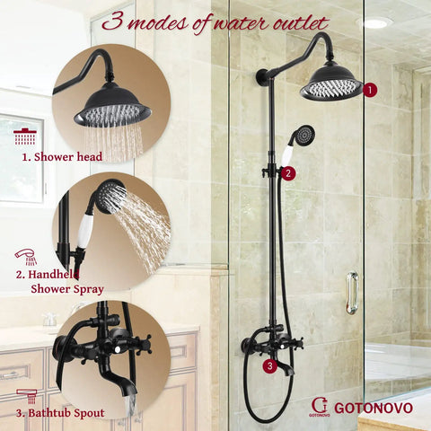 Oil Rubbed Bronze Shower Faucet Fixture With 8 Inch Rain Shower Head Dual Knob Control Triple Function Tub Spout 12 Inch Extension