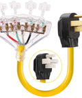 RV 50 Amp To 110V Adapter Cord With 4 Prong NEMA 14 50P Male Plug To Four 5 20R Household Outlets Dust Protection Caps, 1.5 Foot Yellow.