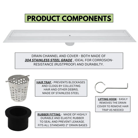 High Grade 304 Stainless Steel Linear Shower Drain 60 Inch Matte White Tile In Bathroom Floor Grate components like hair trap and lifting hook.