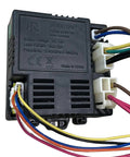 Close-up of JR-RX-12V receiver with wires for 12V Electric Car DIY Power Wheel Harness Kit With High Power Wires Switch Bluetooth Remote Box And Receiver For Replacement Parts Ride On Toy Car Accessories Easy Self Made Upgrade Kid Friendly.