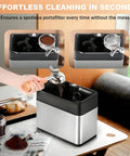 Electric Espresso Knock Box With Automatic Portafilter Cleaner for No Sweat Coffee Puck Disposal and Effortless Barista Counter Setup Perfect for Home Brews or Cafe Crews Today with used portafilter being cleaned.