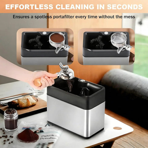 Electric Espresso Knock Box With Automatic Portafilter Cleaner for No Sweat Coffee Puck Disposal and Effortless Barista Counter Setup Perfect for Home Brews or Cafe Crews Today with used portafilter being cleaned.